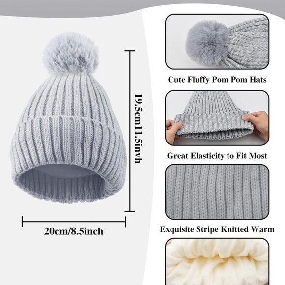Winter Beanie Hat Scarf Gloves Set for Women, Fleece Knit Pompom Beanie Neck War - Picture 2 of 7